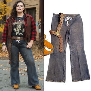 VTG Y2K Blue Rustic Wash Low Rise Tie Up Western Flare Jeans Plussize 16